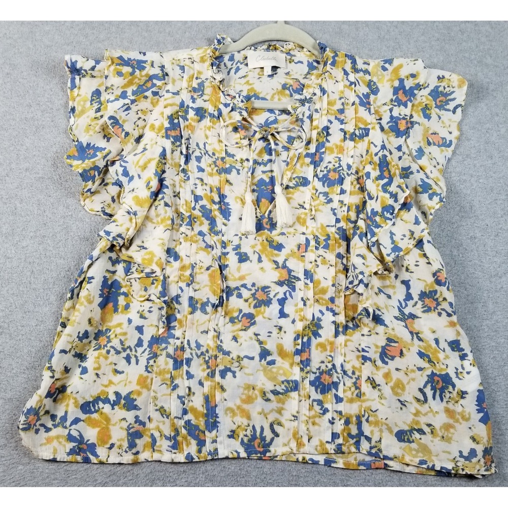 Cleobella Top Women's Small Blue Yellow Floral Sheer Flutter Sleeve Boho Blouse
